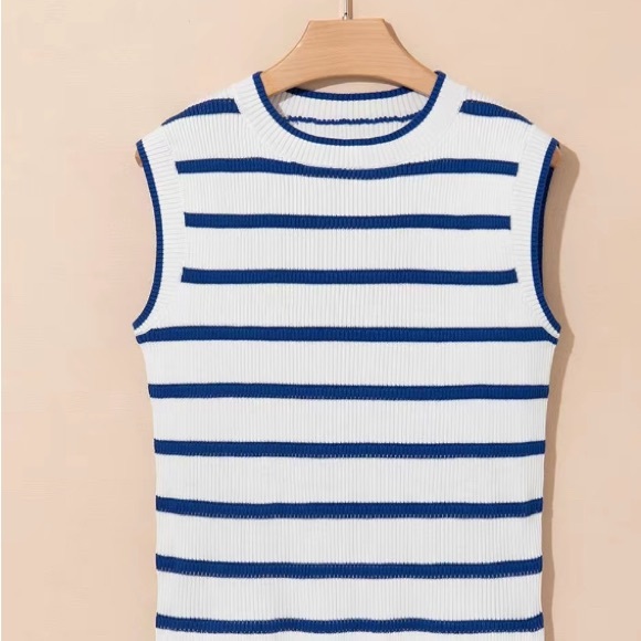 Striped Women’s Sleeveless Knit Sweater Top - Blue and White size S - Picture 3 of 9
